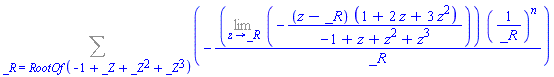 Sum(-(Limit(-(z-_R)*(1+2*z+3*z^2)/(-1+z+z^2+z^3), z = _R))*(1/_R)^n/_R, _R = RootOf(-1+_Z+_Z^2+_Z^3))