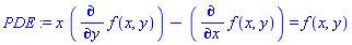 PDE := x*(diff(f(x, y), y))-(diff(f(x, y), x)) = f(x, y)