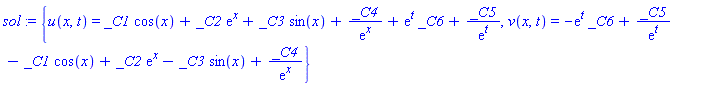 sol := {u(x, t) = _C1*cos(x)+_C2*exp(x)+_C3*sin(x)+_C4/exp(x)+exp(t)*_C6+_C5/exp(t), v(x, t) = -exp(t)*_C6+_C5/exp(t)-_C1*cos(x)+_C2*exp(x)-_C3*sin(x)+_C4/exp(x)}
