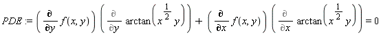 PDE := (diff(f(x, y), y))*(Diff(arctan(x^(1/2)*y), y))+(diff(f(x, y), x))*(Diff(arctan(x^(1/2)*y), x)) = 0