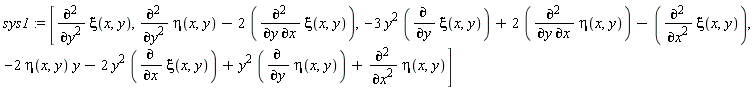 sys1 := [diff(xi(x, y), y, y), diff(eta(x, y), y, y)-2*(diff(xi(x, y), y, x)), -3*y^2*(diff(xi(x, y), y))+2*(diff(eta(x, y), y, x))-(diff(xi(x, y), x, x)), -2*eta(x, y)*y-2*y^2*(diff(xi(x, y), x))+y^2*(diff(eta(x, y), y))+diff(eta(x, y), x, x)]