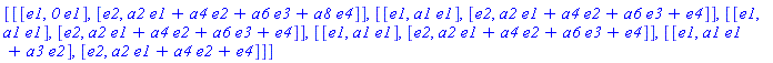 [[[e1, `0`*e1], [e2, a2*e1+a4*e2+a6*e3+a8*e4]], [[e1, a1*e1], [e2, a2*e1+a4*e2+a6*e3+e4]], [[e1, a1*e1], [e2, a2*e1+a4*e2+a6*e3+e4]], [[e1, a1*e1], [e2, a2*e1+a4*e2+a6*e3+e4]], [[e1, a1*e1+a3*e2], [e2, a2*e1+a4*e2+e4]]]