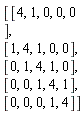 Matrix(5, 5, {(1, 1) = 4, (1, 2) = 1, (1, 3) = 0, (1, 4) = 0, (1, 5) = 0, (2, 1) = 1, (2, 2) = 4, (2, 3) = 1, (2, 4) = 0, (2, 5) = 0, (3, 1) = 0, (3, 2) = 1, (3, 3) = 4, (3, 4) = 1, (3, 5) = 0, (4, 1) = 0, (4, 2) = 0, (4, 3) = 1, (4, 4) = 4, (4, 5) = 1, (5, 1) = 0, (5, 2) = 0, (5, 3) = 0, (5, 4) = 1, (5, 5) = 4})
