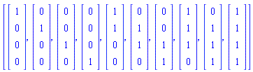 [Vector(4, {(1) = 1, (2) = 0, (3) = 0, (4) = 0}), Vector(4, {(1) = 0, (2) = 1, (3) = 0, (4) = 0}), Vector(4, {(1) = 0, (2) = 0, (3) = 1, (4) = 0}), Vector(4, {(1) = 0, (2) = 0, (3) = 0, (4) = 1}), Vector(4, {(1) = 1, (2) = 1, (3) = 0, (4) = 0}), Vector(4, {(1) = 0, (2) = 1, (3) = 1, (4) = 0}), Vector(4, {(1) = 0, (2) = 0, (3) = 1, (4) = 1}), Vector(4, {(1) = 1, (2) = 1, (3) = 1, (4) = 0}), Vector(4, {(1) = 0, (2) = 1, (3) = 1, (4) = 1}), Vector(4, {(1) = 1, (2) = 1, (3) = 1, (4) = 1})]