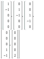 [Vector(5, {(1) = 1, (2) = -1, (3) = 0, (4) = 0, (5) = 0}), Vector(5, {(1) = 0, (2) = 1, (3) = -1, (4) = 0, (5) = 0}), Vector(5, {(1) = 0, (2) = 0, (3) = 1, (4) = -1, (5) = 0}), Vector(5, {(1) = 0, (2) = 0, (3) = 0, (4) = 1, (5) = -1}), Vector(5, {(1) = 0, (2) = 0, (3) = 0, (4) = 0, (5) = 2})]
