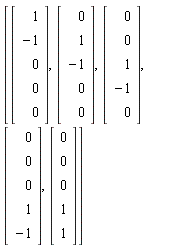 [Vector(5, {(1) = 1, (2) = -1, (3) = 0, (4) = 0, (5) = 0}), Vector(5, {(1) = 0, (2) = 1, (3) = -1, (4) = 0, (5) = 0}), Vector(5, {(1) = 0, (2) = 0, (3) = 1, (4) = -1, (5) = 0}), Vector(5, {(1) = 0, (2) = 0, (3) = 0, (4) = 1, (5) = -1}), Vector(5, {(1) = 0, (2) = 0, (3) = 0, (4) = 1, (5) = 1})]