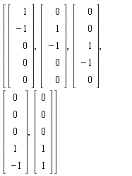[Vector(5, {(1) = 1, (2) = -1, (3) = 0, (4) = 0, (5) = 0}), Vector(5, {(1) = 0, (2) = 1, (3) = -1, (4) = 0, (5) = 0}), Vector(5, {(1) = 0, (2) = 0, (3) = 1, (4) = -1, (5) = 0}), Vector(5, {(1) = 0, (2) = 0, (3) = 0, (4) = 1, (5) = -I}), Vector(5, {(1) = 0, (2) = 0, (3) = 0, (4) = 1, (5) = I})]