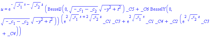 u = exp(-_c[1]^(1/2)*x-_c[2]^(1/2)*z)*(BesselJ(0, (-_c[1]-_c[2])^(1/2)*(-y^2+t^2)^(1/2))*_C5+_C6*BesselY(0, (-_c[1]-_c[2])^(1/2)*(-y^2+t^2)^(1/2)))*(exp(2*_c[1]^(1/2)*x+2*_c[2]^(1/2)*z)*_C1*_C3+exp(2*_c[1]^(1/2)*x)*_C1*_C4+_C2*(exp(2*_c[2]^(1/2)*z)*_C3+_C4))