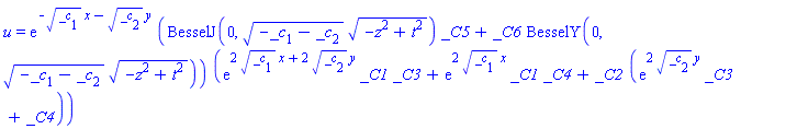 u = exp(-_c[1]^(1/2)*x-_c[2]^(1/2)*y)*(BesselJ(0, (-_c[1]-_c[2])^(1/2)*(-z^2+t^2)^(1/2))*_C5+_C6*BesselY(0, (-_c[1]-_c[2])^(1/2)*(-z^2+t^2)^(1/2)))*(exp(2*_c[1]^(1/2)*x+2*_c[2]^(1/2)*y)*_C1*_C3+exp(2*_c[1]^(1/2)*x)*_C1*_C4+_C2*(exp(2*_c[2]^(1/2)*y)*_C3+_C4))