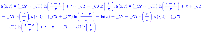 u(x, t) = (_C2+_C3)*ln((t-x)/x)+t+_C1-_C3*ln(t/x), u(x, t) = (_C2+_C3)*ln((t-x)/x)+x+_C1-_C3*ln(t/x), u(x, t) = (_C2+_C3)*ln((t-x)/x)+ln(x)+_C1-_C3*ln(t/x), u(x, t) = (_C2+_C3)*ln((t-x)/x)+t-x+_C1-_C3*ln(t/x)