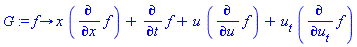 proc (f) options operator, arrow; x*(diff(f, x))+diff(f, t)+u*(diff(f, u))+u[t]*(diff(f, u[t])) end proc