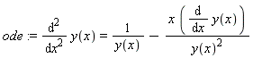 ode := diff(y(x), x, x) = 1/y(x)-x*(diff(y(x), x))/y(x)^2