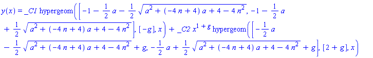 y(x) = _C1*hypergeom([-1-(1/2)*a-(1/2)*(a^2+(-4*n+4)*a+4-4*n^2)^(1/2), -1-(1/2)*a+(1/2)*(a^2+(-4*n+4)*a+4-4*n^2)^(1/2)], [-g], x)+_C2*x^(1+g)*hypergeom([-(1/2)*a-(1/2)*(a^2+(-4*n+4)*a+4-4*n^2)^(1/2)+g, -(1/2)*a+(1/2)*(a^2+(-4*n+4)*a+4-4*n^2)^(1/2)+g], [2+g], x)