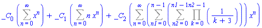 _C[0]*(Sum(x^n, n = 0 .. infinity))+_C[1]*(Sum(n*x^n, n = 0 .. infinity))+_C[2]*(Sum((Sum(Sum(Product(1/(k+3), k = 0 .. n2-1), n2 = 0 .. n1-1), n1 = 0 .. n-1))*x^n, n = 0 .. infinity))