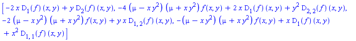 [-2*x*(D[1](f))(x, y)+y*(D[2](f))(x, y), -4*(mu-x*y^2)*(mu+x*y^2)*f(x, y)+2*x*(D[1](f))(x, y)+y^2*(D[2, 2](f))(x, y), -2*(mu-x*y^2)*(mu+x*y^2)*f(x, y)+y*x*(D[1, 2](f))(x, y), -(mu-x*y^2)*(mu+x*y^2)*f(x, y)+x*(D[1](f))(x, y)+x^2*(D[1, 1](f))(x, y)]