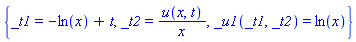 {_t1 = -ln(x)+t, _t2 = u(x, t)/x, _u1(_t1, _t2) = ln(x)}