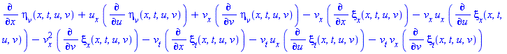 diff(eta[v](x, t, u, v), x)+u[x]*(diff(eta[v](x, t, u, v), u))+v[x]*(diff(eta[v](x, t, u, v), v))-v[x]*(diff(xi[x](x, t, u, v), x))-v[x]*u[x]*(diff(xi[x](x, t, u, v), u))-v[x]^2*(diff(xi[x](x, t, u, v), v))-v[t]*(diff(xi[t](x, t, u, v), x))-v[t]*u[x]*(diff(xi[t](x, t, u, v), u))-v[t]*v[x]*(diff(xi[t](x, t, u, v), v))