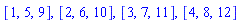 [1, 5, 9], [2, 6, 10], [3, 7, 11], [4, 8, 12]