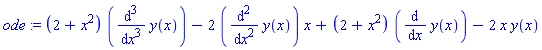 ode := (2+x^2)*(diff(y(x), `$`(x, 3)))-2*(diff(y(x), `$`(x, 2)))*x+(2+x^2)*(diff(y(x), x))-2*x*y(x)