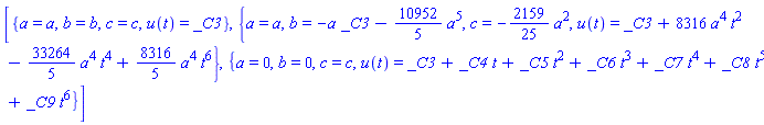 [{a = a, b = b, c = c, u(t) = _C3}, {a = a, b = -a*_C3-(10952/5)*a^5, c = -(2159/25)*a^2, u(t) = _C3+8316*a^4*t^2-(33264/5)*a^4*t^4+(8316/5)*a^4*t^6}, {a = 0, b = 0, c = c, u(t) = _C3+_C4*t+_C5*t^2+_C6*t^3+_C7*t^4+_C8*t^5+_C9*t^6}]