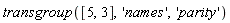 transgroup([5, 3], 'names', 'parity')