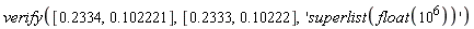 verify([.2334, .102221], [.2333, .10222], 'superlist(float(10^6))')