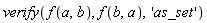verify(f(a, b), f(b, a), 'as_set')
