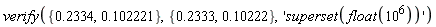 verify({.102221, .2334}, {.10222, .2333}, 'superset(float(10^6))')