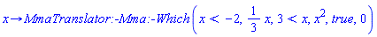 proc (x) options operator, arrow; MmaTranslator:-Mma:-Which(x < -2, (1/3)*x, 3 < x, x^2, true, 0) end proc