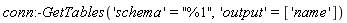 conn:-GetTables('schema' = "%1", 'output' = ['name'])