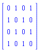 Matrix([[0, 1, 0, 1], [1, 0, 1, 0], [0, 1, 0, 1], [1, 0, 1, 0]])
