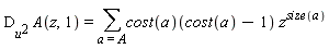 D[u^2]*A(z, 1) = sum((cost(a))(cost(a)-1)*z^size(a), a = A)