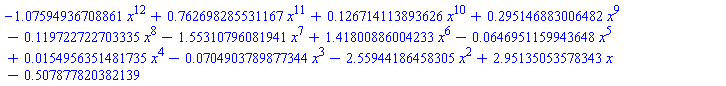-1.07594936708861*x^12+.762698285531167*x^11+.126714113893626*x^10+.295146883006482*x^9-.119722722703335*x^8-1.55310796081941*x^7+1.41800886004233*x^6-0.646951159943648e-1*x^5+0.154956351481735e-1*x^4-0.704903789877344e-1*x^3-2.55944186458305*x^2+2.95135053578343*x-.507877820382139