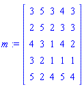 m := Matrix([[3, 5, 3, 4, 3], [2, 5, 2, 3, 3], [4, 3, 1, 4, 2], [3, 2, 1, 1, 1], [5, 2, 4, 5, 4]])