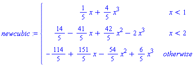 piecewise(x < 1, (1/5)*x+(4/5)*x^3, x < 2, 14/5-(41/5)*x+(42/5)*x^2-2*x^3, -114/5+(151/5)*x-(54/5)*x^2+(6/5)*x^3)