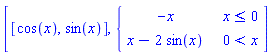 [[cos(x), sin(x)], piecewise(x <= 0, -x, 0 < x, x-2*sin(x))]