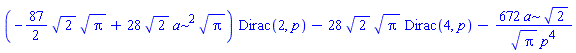 (-(87/2)*2^(1/2)*Pi^(1/2)+28*2^(1/2)*a^2*Pi^(1/2))*Dirac(2, p)-28*2^(1/2)*Pi^(1/2)*Dirac(4, p)-672*a*2^(1/2)/(Pi^(1/2)*p^4)