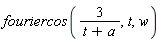 fouriercos(3/(t+a), t, w)
