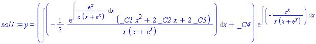 sol1 := y = (Int(-(1/2)*exp(Int(exp(x)/(x*(x+exp(x))), x))*(_C1*x^2+2*_C2*x+2*_C3)/(x*(x+exp(x))), x)+_C4)*exp(Int(-exp(x)/(x*(x+exp(x))), x))