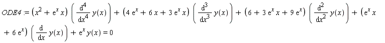ODE4 := (x^2+exp(x)*x)*(diff(y(x), x, x, x, x))+(4*exp(x)+6*x+3*exp(x)*x)*(diff(y(x), x, x, x))+(6+3*exp(x)*x+9*exp(x))*(diff(y(x), x, x))+(exp(x)*x+6*exp(x))*(diff(y(x), x))+exp(x)*y(x) = 0