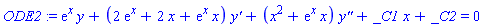 ODE2 := exp(x)*y+(2*exp(x)+2*x+exp(x)*x)*`y'`+(x^2+exp(x)*x)*`y''`+_C1*x+_C2 = 0