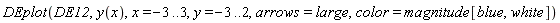 DEplot(DE12, y(x), x = -3 .. 3, y = -3 .. 2, arrows = large, color = magnitude[blue, white])