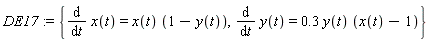 DE17 := {diff(x(t), t) = x(t)*(1-y(t)), diff(y(t), t) = .3*y(t)*(x(t)-1)}