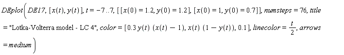 DEplot(DE17, [x(t), y(t)], t = -7 .. 7, [[x(0) = 1.2, y(0) = 1.2], [x(0) = 1, y(0) = .7]], numsteps = 76, title = "Lotka-Volterra model - LC 4", color = [.3*y(t)*(x(t)-1), x(t)*(1-y(t)), .1], linecolor = (1/2)*t, arrows = medium)