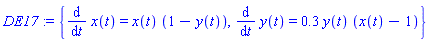 {diff(x(t), t) = x(t)*(1-y(t)), diff(y(t), t) = .3*y(t)*(x(t)-1)}
