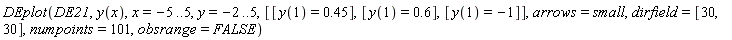 DEplot(DE21, y(x), x = -5 .. 5, y = -2 .. 5, [[y(1) = .45], [y(1) = .6], [y(1) = -1]], arrows = small, dirfield = [30, 30], numpoints = 101, obsrange = FALSE)