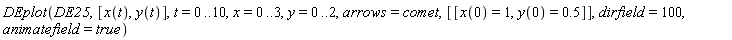 DEplot(DE25, [x(t), y(t)], t = 0 .. 10, x = 0 .. 3, y = 0 .. 2, arrows = comet, [[x(0) = 1, y(0) = .5]], dirfield = 100, animatefield = true)