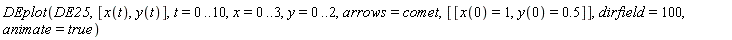 DEplot(DE25, [x(t), y(t)], t = 0 .. 10, x = 0 .. 3, y = 0 .. 2, arrows = comet, [[x(0) = 1, y(0) = .5]], dirfield = 100, animate = true)