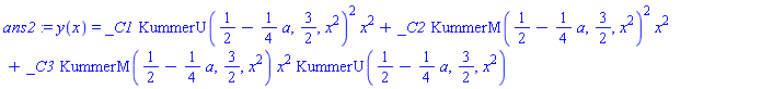 y(x) = _C1*KummerU(1/2-(1/4)*a, 3/2, x^2)^2*x^2+_C2*KummerM(1/2-(1/4)*a, 3/2, x^2)^2*x^2+_C3*KummerM(1/2-(1/4)*a, 3/2, x^2)*x^2*KummerU(1/2-(1/4)*a, 3/2, x^2)