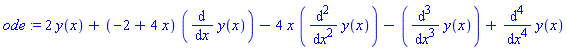 2*y(x)+(-2+4*x)*(diff(y(x), x))-4*x*(diff(diff(y(x), x), x))-(diff(diff(diff(y(x), x), x), x))+diff(diff(diff(diff(y(x), x), x), x), x)